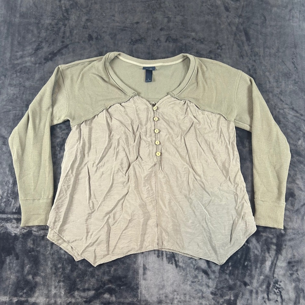 Daytrip Henley Long Sleeve Women Small Sage‎ Green Mixed Media Ribbed Button Top